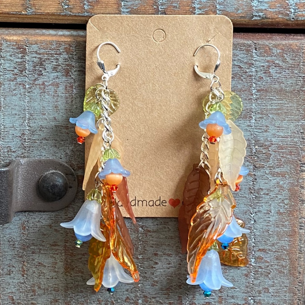 Artisan Floral Feathered Earthtone Swarovski crystal Boho Beaded Long Earrings